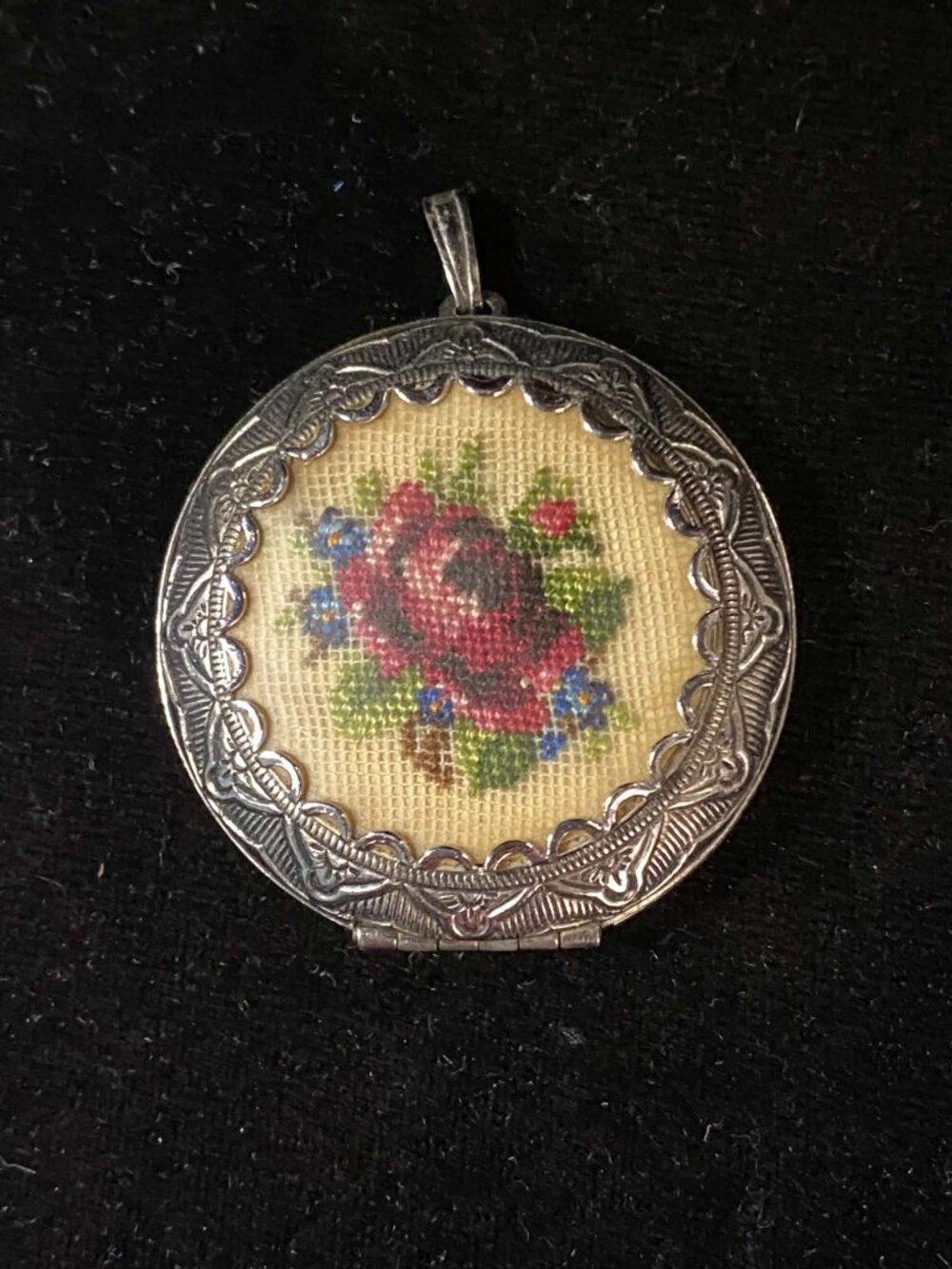 Vintage 1930 Rare Embroidery Rose Petit Point Ornate Locket Container Pendant